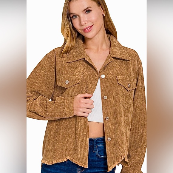 Zenana Outfitters Jackets & Blazers - 🩵Hello Gorgeous! Distressed Corduroy Frayed Hem Cropped Jacket - Dark Camel